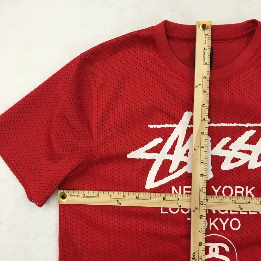 Stussy Red Mesh T-Shirt‎ Large New York Los Angeles Tokyo London Paris